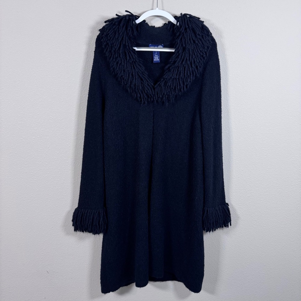Vintage Vampy Black Wool Fringe Collar Duster Longline Cardigan Women's 18/20